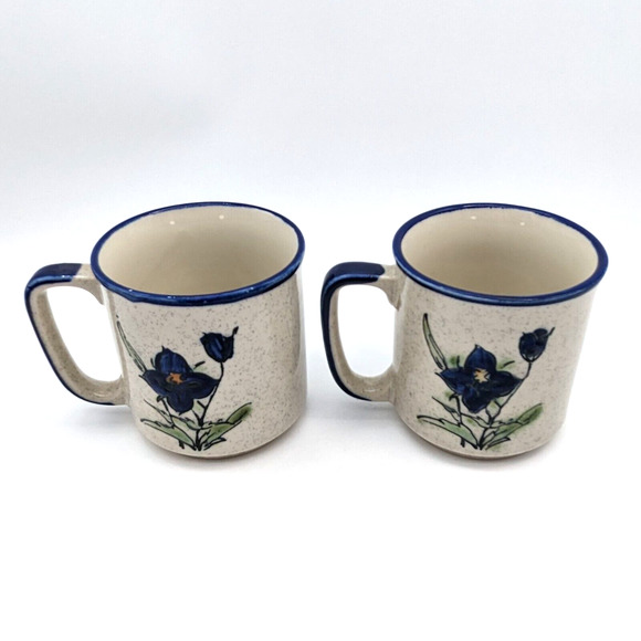 60s Stoneware Blue Flower Mugs Pair Speckled w/ Blue Trim Vintage Japan Otagiri? - Picture 4 of 11